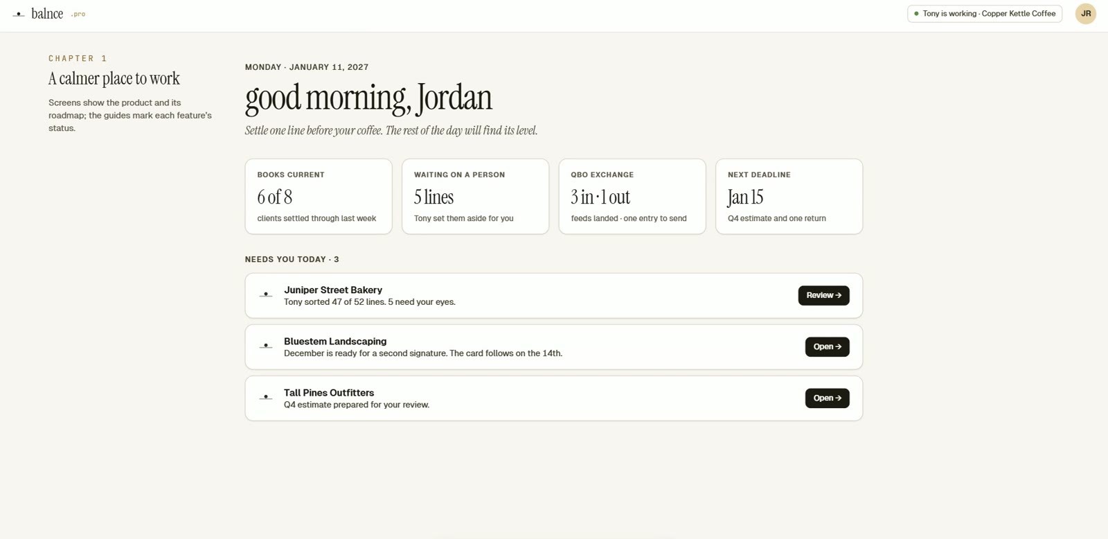 The Balnce.Pro home screen: four summary tiles and the clients that need a person today.